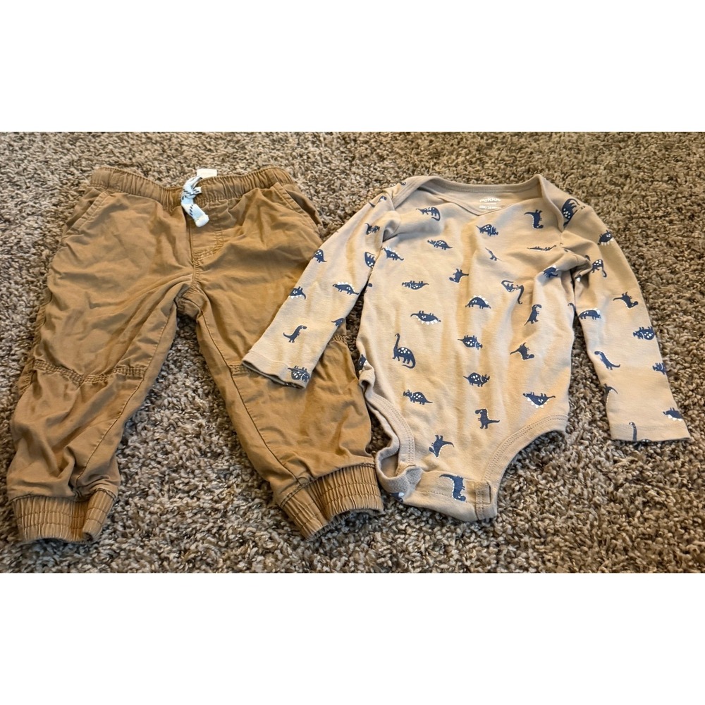 Pekkle-Carter's-Tan Dinosaur Pattern Bodysuit & Tan Pants 12-18 Mon/12 Mon